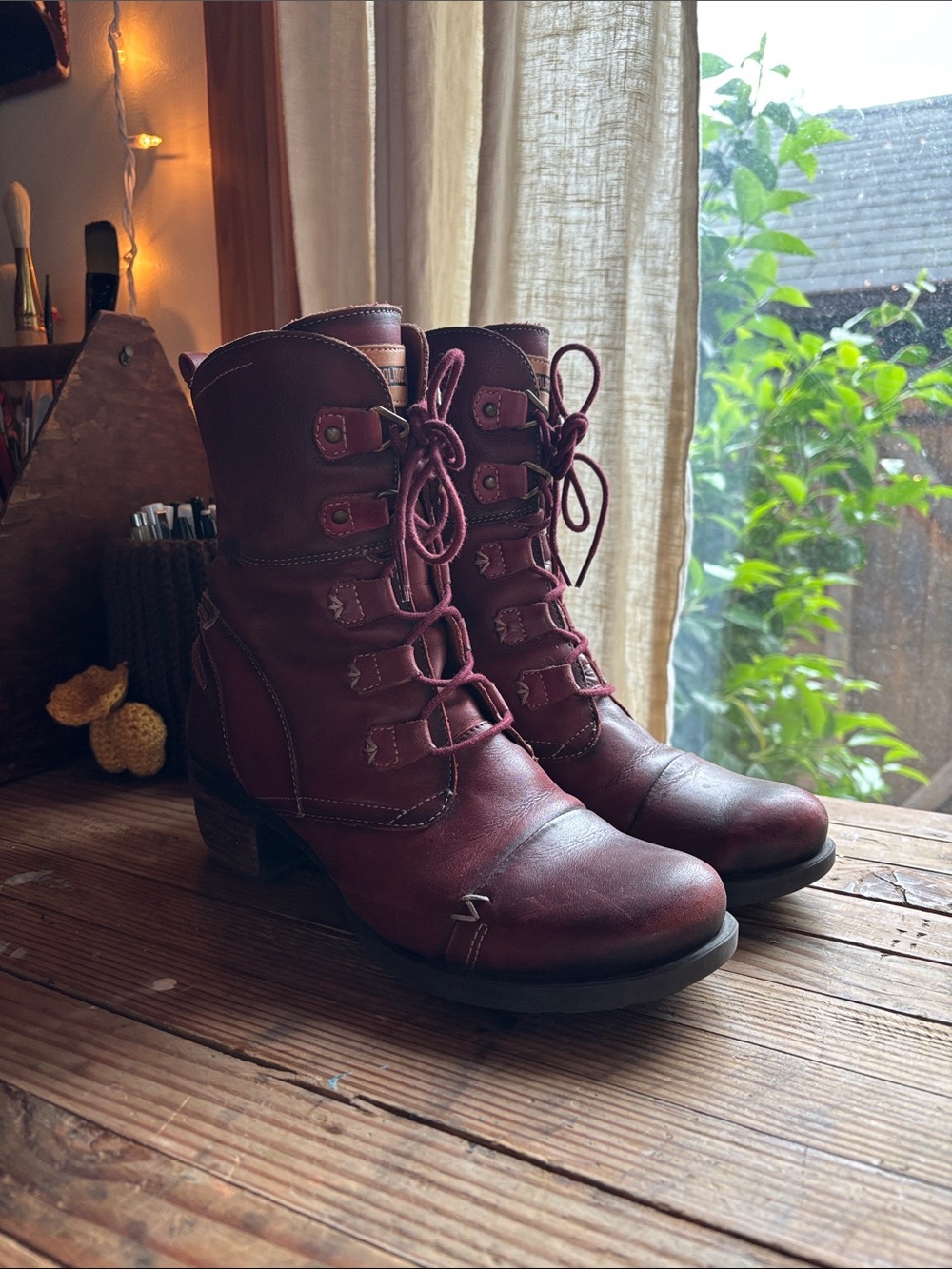 Pikolinos Oxblood Burgundy Lace-Up Leather Boots